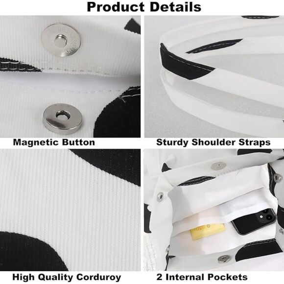 Women Cow Imported Corduroy Small Canvas Shoulder Handy Inner Pocket Tote Bag - Picture 4 of 4